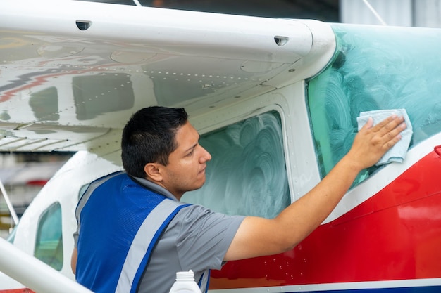 Nov 5 2021, Shell, Pastaza, Ecuador.  Mechanics working on a light aircraft in the Amazon Region of Ecuador