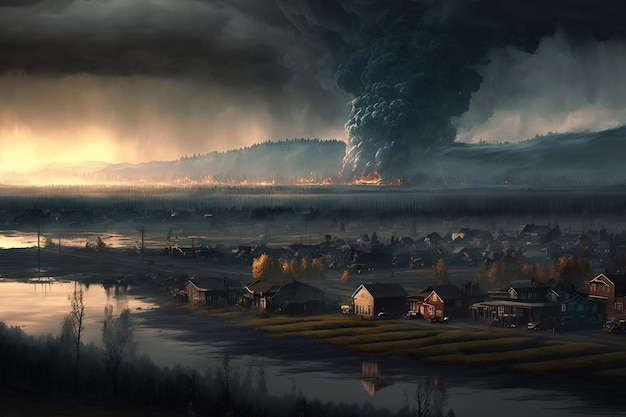 November 17 2021 Devastating flood and black smoke from fire in the city and fields following storm in Abbotsford Greater Vancouver British Columbia Canada