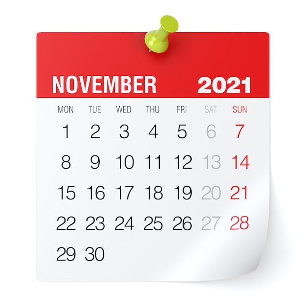 November 2021 - Calendar. Isolated on White Background. 3D Illustration