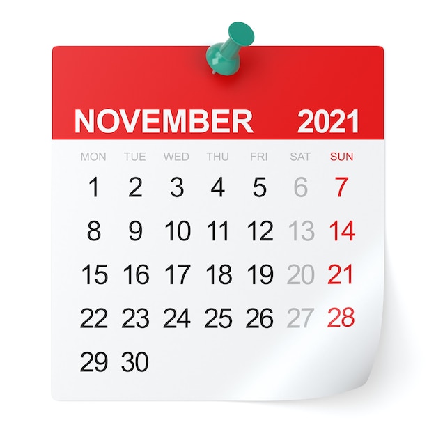 November 2021 - Calendar. Isolated on White Background. 3D Illustration