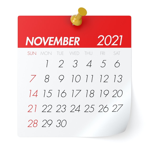 November 2021 - Calendar. Isolated on White Background. 3D Illustration