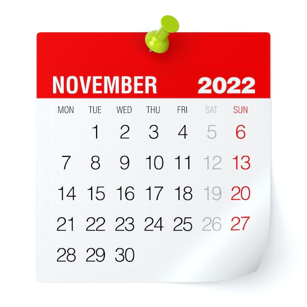 November 2022 - Calendar. Isolated on White Background. 3D Illustration