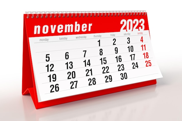November 2023 kalender geïsoleerd op een witte achtergrond 3D illustratie