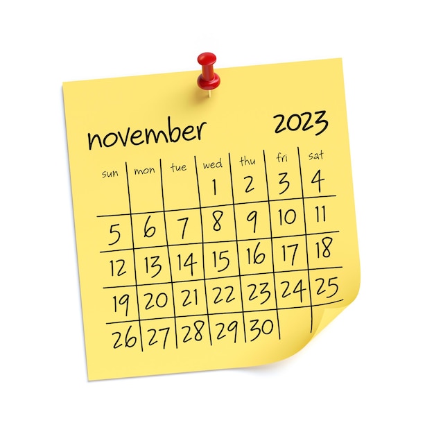 November 2023 kalender geïsoleerd op een witte achtergrond 3D illustratie