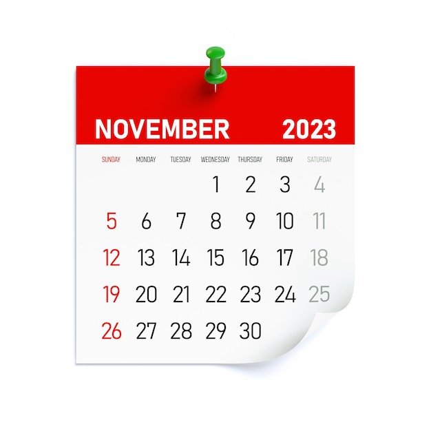 November 2023 kalender geïsoleerd op een witte achtergrond 3d illustratie