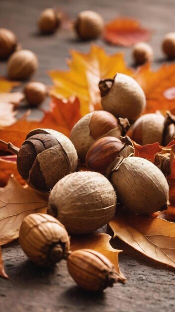 November background with dry leaves acorns and walnut