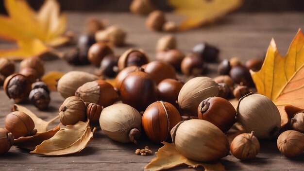 November background with dry leaves acorns and walnut