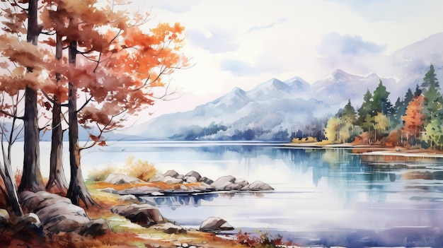 November Grove Watercolor Trees Lake And Mountains Landscape Painting
