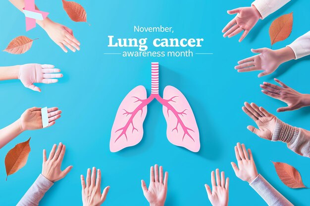 November is Lung Cancer Awareness Month A vector design with a blue background a pink lung symbol with hands up and a white ribbon around it Generative AI