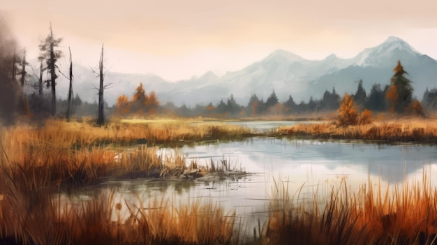 November Marsh In Watercolor Style With Trees Lake And Mountai