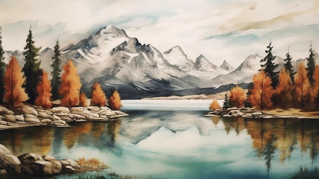 Photo november watercolor glacier with trees lake and mountains