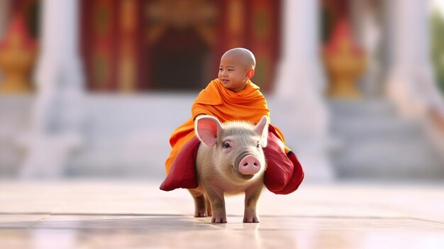 写真 仏教の初心者 彼は友達のような豚に喜んで乗っていました