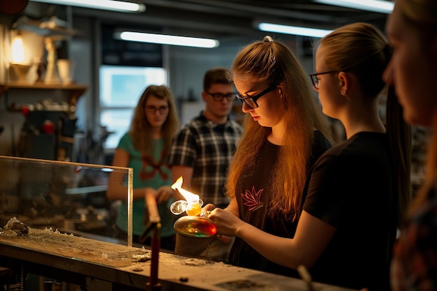 Студенты-новички учатся искусству издувания стекла с помощью факелов, чтобы сформировать стекло в современном