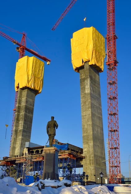 Novosibirsk siberia russia 01292022 construction of the pillars of the central bridge monument