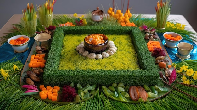 Novruz setting table decoration wheat grass Generative Ai