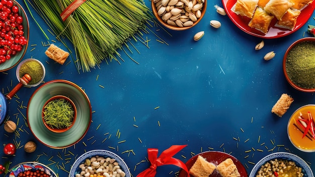 アゼルバイジャンではサテンリボンと花がくサテンリーボンで緑のサマンニ小麦の草でノーブルーズのテーブルセット春または新年の祝いコピースペース