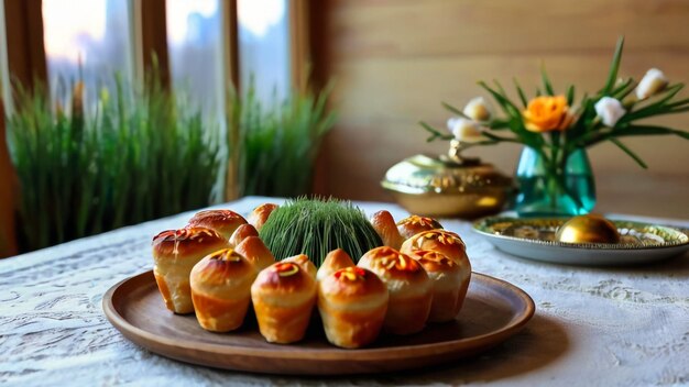 Novruz tafel decoratie tarwe gras Azerbeidzjan nationale gebak pakhlava
