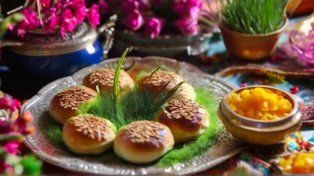 Novruz tafel decoratie tarwe gras Azerbeidzjan nationale gebak pakhlava