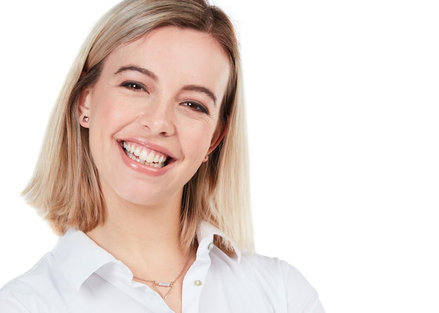 Now thats a winners smile Studio shot of a happy young businesswoman posing against a white background