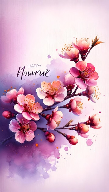 Photo nowruz card illustration in watercolor style with a branch of a blossoming tree with pink flowers