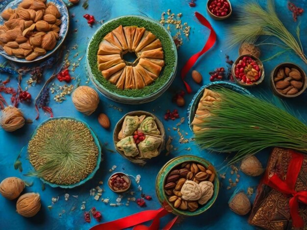 Фото Праздничный стол новруза зелёная пшеничная трава с красной лентой арабский десерт баклава сладости орехи сухие