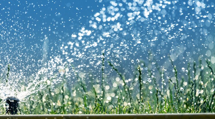 The nozzle of the automatic watering system waters a green lawn.