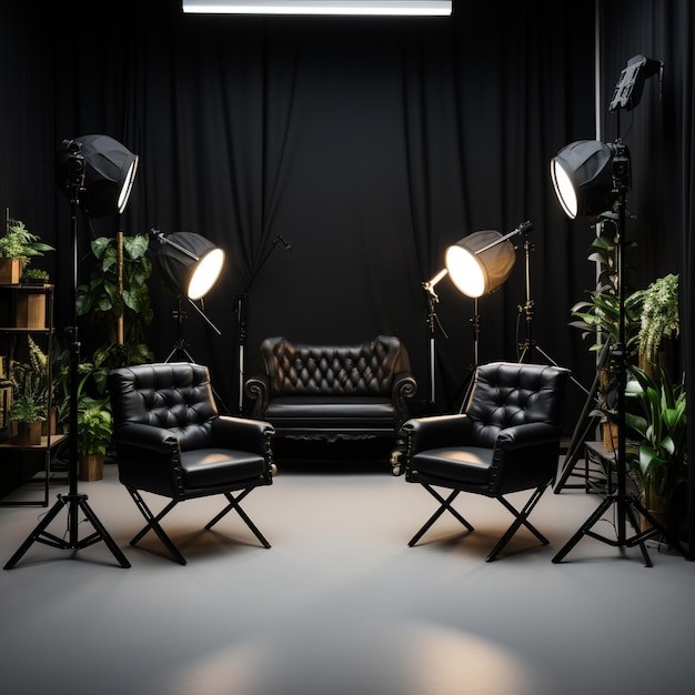 nterior of modern photo studio with chair and professional equipment