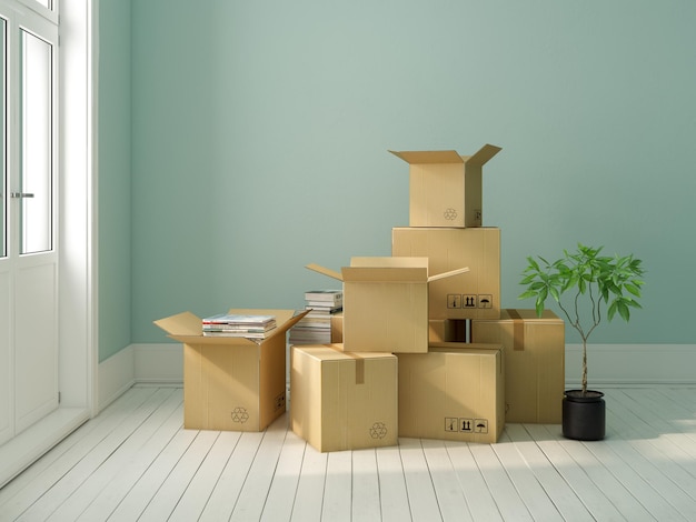 Nterior with packed cardboard boxes for relocation 3 D rendering