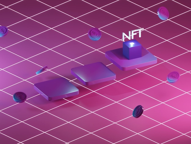 Rendering 3d astratto ntf di token non fungibile in blockchain. asta di criptovaluta ethereum.