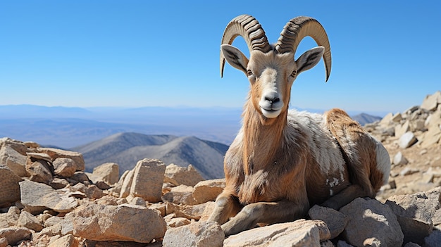 Nubische steenbok staande op de rand van een klif tegen een onscherpe achtergrond van bergen Israël