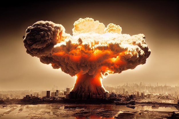 Nucleaire bom enorme explosie in de skyline van de stad 3D kunstwerk apocalyptische illustratie