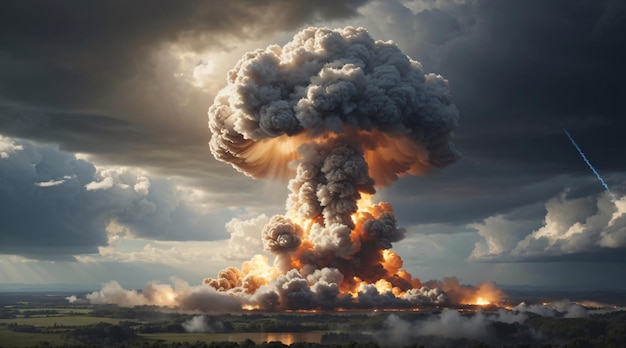 Nucleaire bomexplosie boven de stad met paddestoelwolk