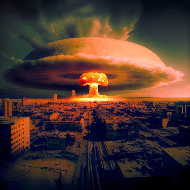 Nucleaire bomexplosie boven een stad. Massale vernietiging. Derde Wereldoorlog. 3D illustratie