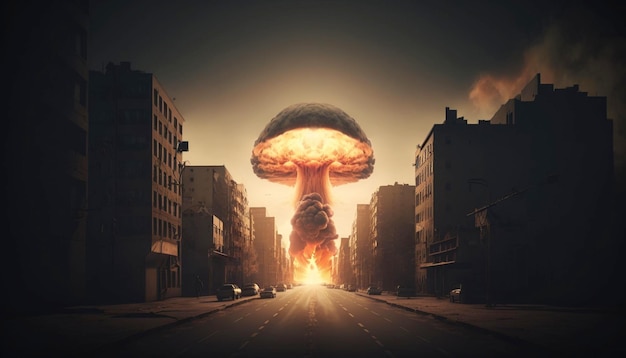 Nucleaire bomexplosie in 3D-kunstwerk van de stad Generatieve AI