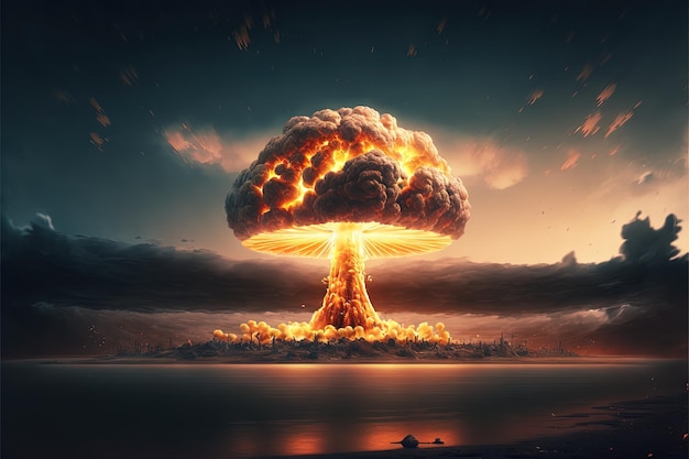 Nucleaire explosie. Atoombomexplosie en paddestoelwolk exploderen. generatieve ai