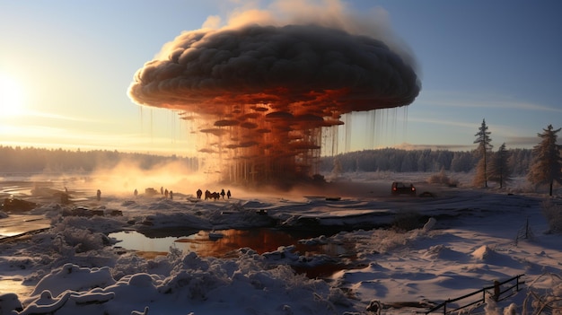 Nucleaire explosie dag of nacht Stormachtige luchtschokgolf tegen de achtergrond van een nucleaire schimmel in