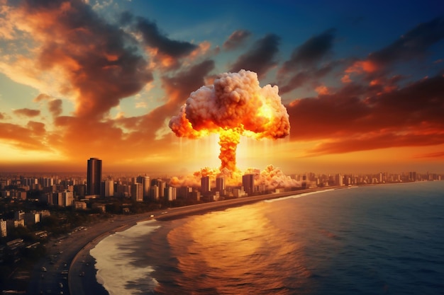Nucleaire explosie tegen de achtergrond van een grote stad aan zee of oceaan Zonsondergang Apocalyps Oorlog Nucleaire dreiging Derde Wereldoorlog