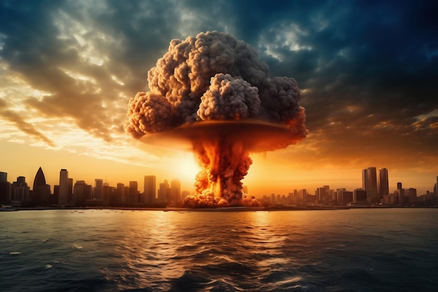 Nucleaire explosie tegen de achtergrond van een grote stad aan zee of oceaan Zonsondergang Apocalyps Oorlog Nucleaire dreiging Derde Wereldoorlog