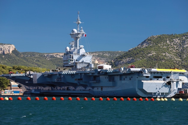 The nuclear aircraft carrier Charles de Gaulle docked in the Toulon harbor France