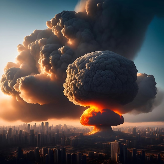 A nuclear Atomic bomb explosions In the futuristic city on daylight sky generative ai illustration
