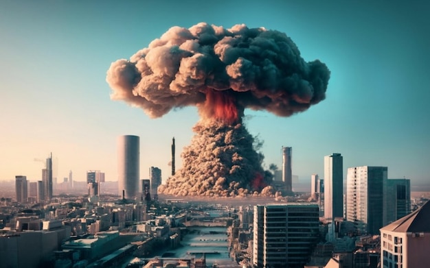 Nuclear bomb blast in the city bombed buildings in Israel Palestine Israel Palestine war