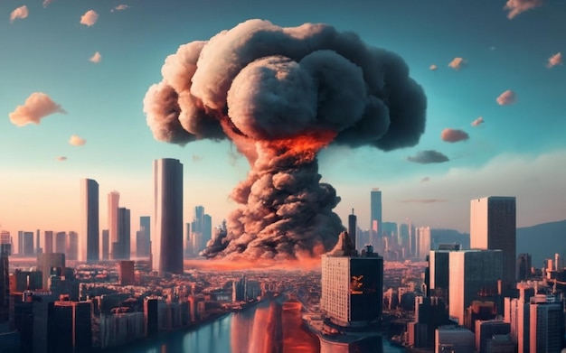 Nuclear bomb blast in the city bombed buildings in Israel Palestine Israel Palestine war