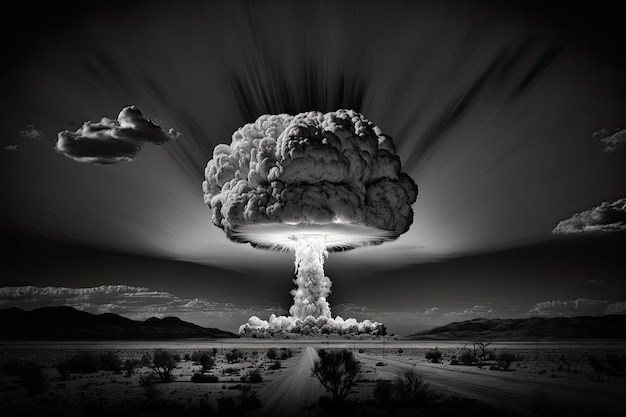 Nuclear bomb explosion against black and white backdrop with smoke rising in the air