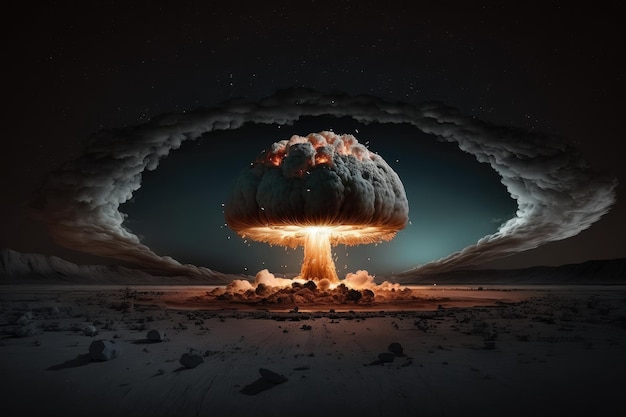 Nuclear bomb explosion against the night sky with stars visible