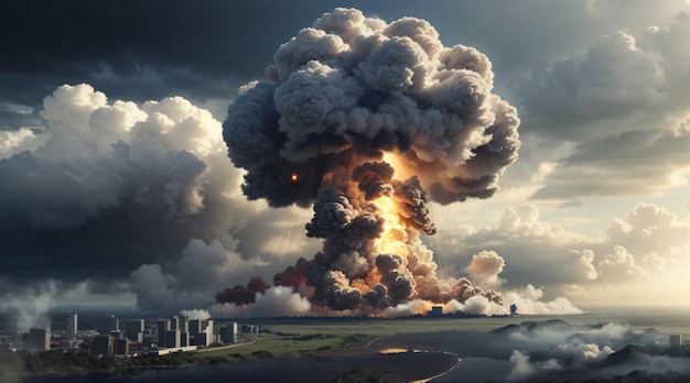 Взрыв ядерной бомбы над городом с грибовидным облаком