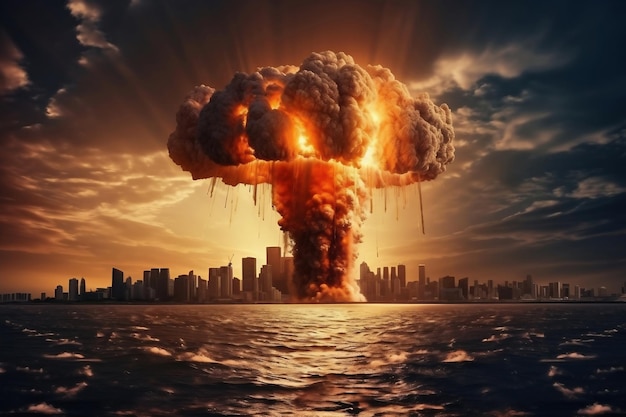核爆発は海や海の大きな都市の背景で 夕暮れ アポカリプス戦争 核の脅威 第三次世界大戦