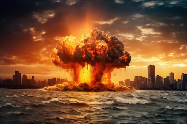 Nuclear explosion against the backdrop of a large city on the sea or ocean Sunset Apocalypse War Nuclear threat Third World War