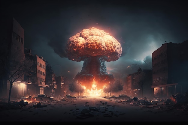 Nuclear explosion in a city. Generative Ai art. Buildings collapsing from the blast.