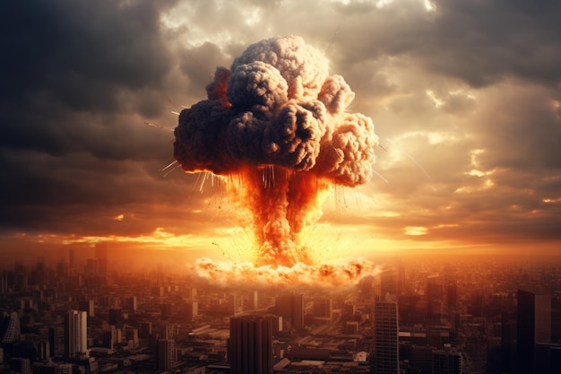 Nuclear explosion in the city during world war End of world illustration