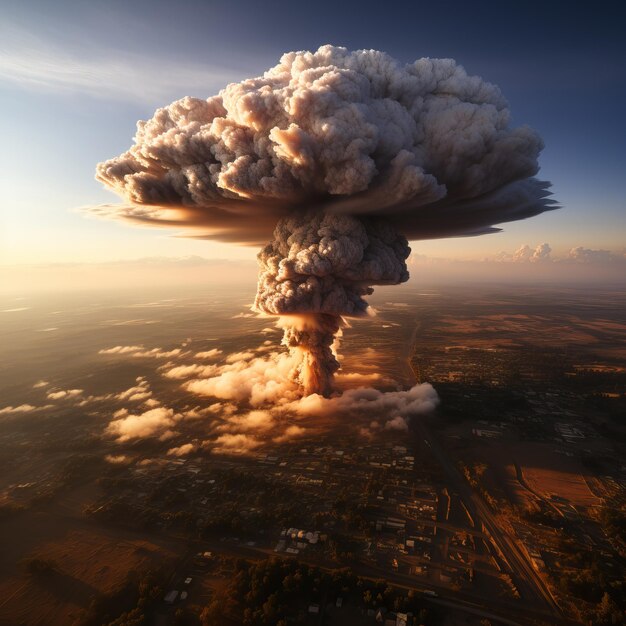 Nuclear explosion day or night Stormy sky shock wave against the background of a nuclear fungus in